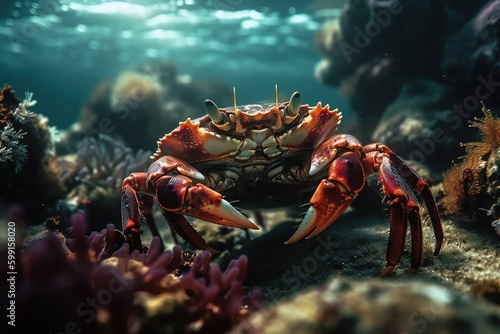 Cute crab on a coral reef. Generative AI