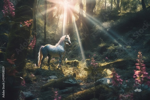 White fairy horse in a fantastic forest. Generative AI