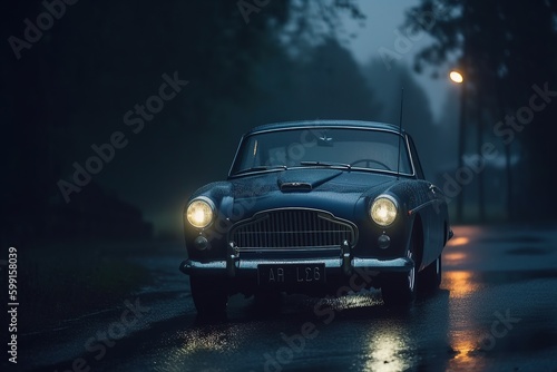 Vintage mobile on a night rainy road. Generative AI