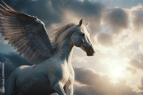 A white horse with wings flies in the clouds. Pegasus. Generative AI