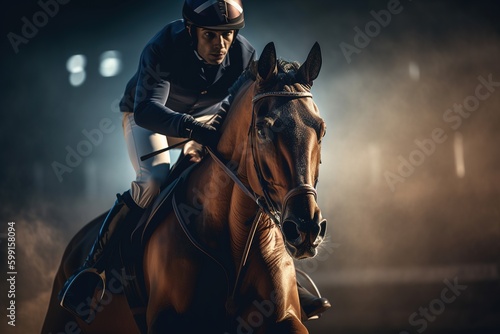 Learning to ride a horse under a dome. Racehorse with rider. Generative AI photo