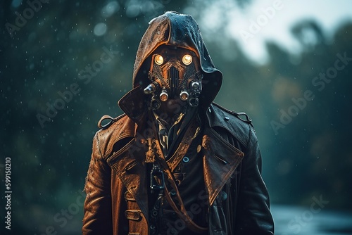 Hooded man in steampunk style mask. Generative AI