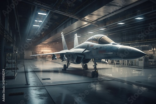 Obraz na płótnie Fighter in the hangar. Service. Generative AI