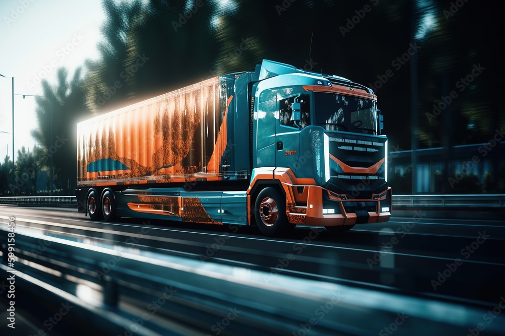 The truck is driving on the road. Delivery. Generative AI