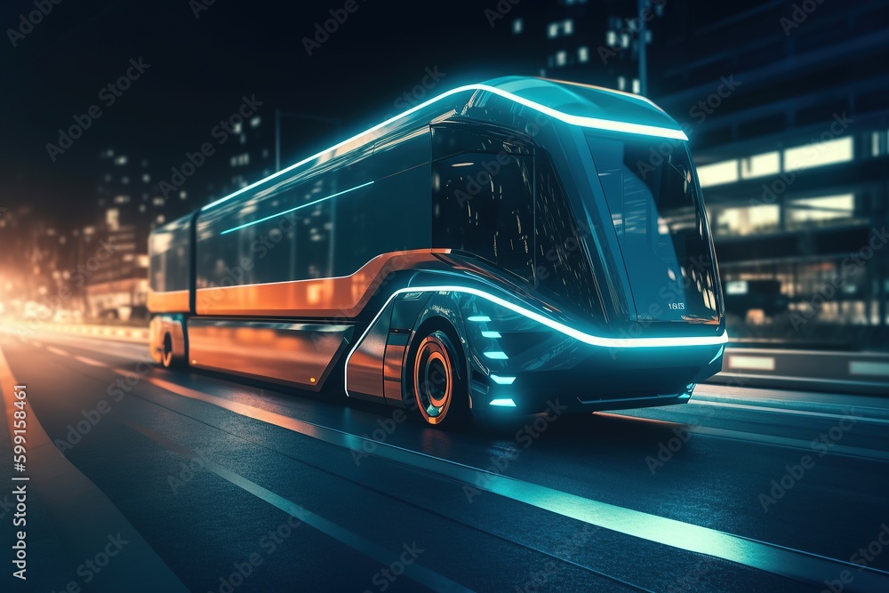 Truck in the night city. Futuristic truck. Generative AI