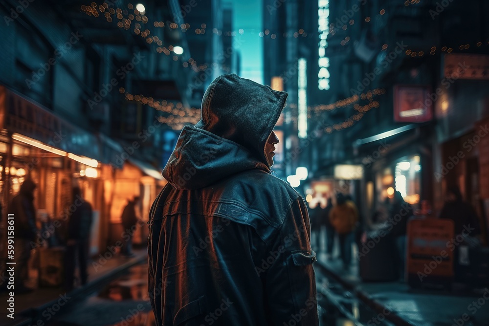 The guy walks in the city along the empty streets. Generative AI The guy walks in the city along the empty streets. Generative AI