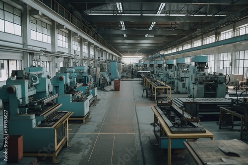 Work shop. Factory mechanized assembly line. Generative AI
