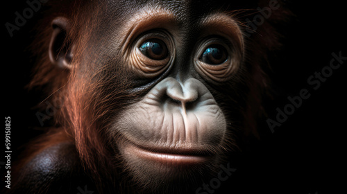 Baby Orangutan, minimalistic background. Generative AI © piai