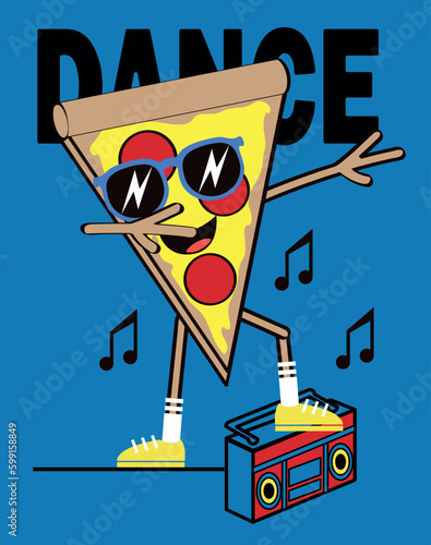 Slice of pizza make dab move, dancing hip-hop and lisening music. Funny print for boy t shirt. Vector illustration.