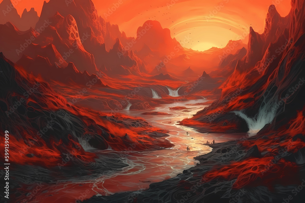 A fantastical, molten landscape with rivers of lava. generative AI