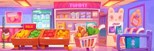 Cute kawaii grocery store interior vector background. Cartoon yummy retail supermarket with food on shelf and product display on rack with face. Full refrigerator with milk bottle and fruit on sale.