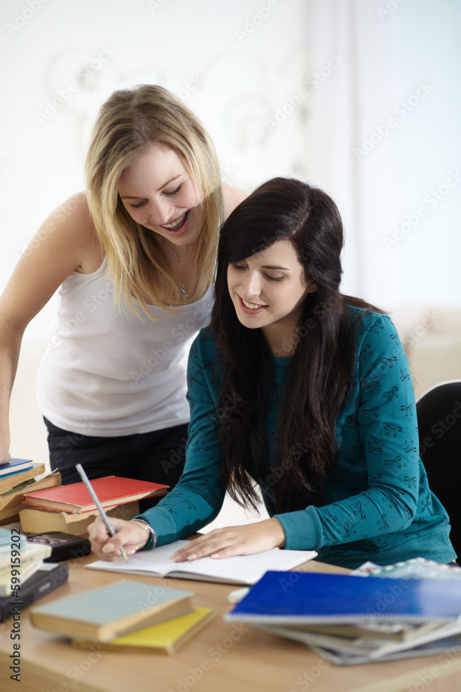 Education, student and women writing in a book for homework, essay and assignment research in their home. Remote, learning and girl university friends help with notes, idea and creative brainstorming Education, student and women writing in a book for homework, essay and assignment research in their home. Remote, learning and girl university friends help with notes, idea and creative brainstorming