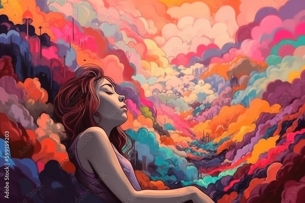 Colorful illustration of a beautiful young girl daydreaming and imagining. Generative AI Colorful illustration of a beautiful young girl daydreaming and imagining. Generative AI