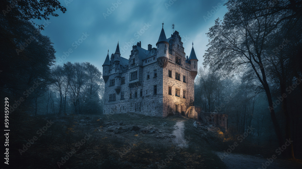Medieval castle in a forest at evening. Generative AI