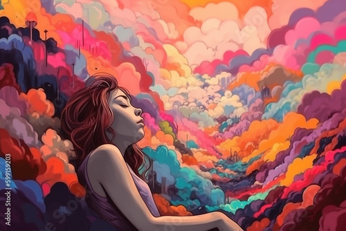 Colorful illustration of a beautiful young girl daydreaming and imagining. Generative AI