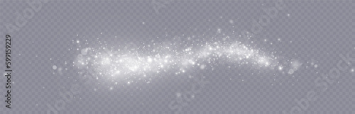 Particles of white magic dust. Shining light particles.Christmas glitter particles. Light effect on a transparent background