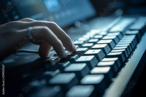 Illustration of a human hand using comoputer keyboard. Generative AI