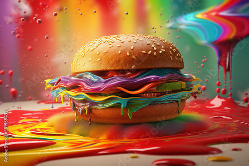 A levitating hamburger with a river of rainbow ketchup. generative AI