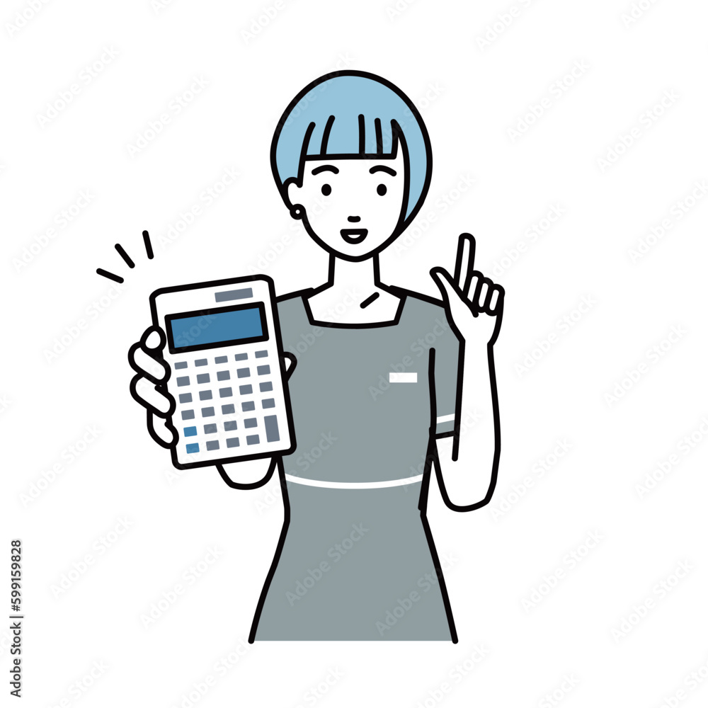 立って電卓を持ってこちらに向けて見せているエステ店員・受付・接客係の女性 立って電卓を持ってこちらに向けて見せているエステ店員・受付・接客係の女性