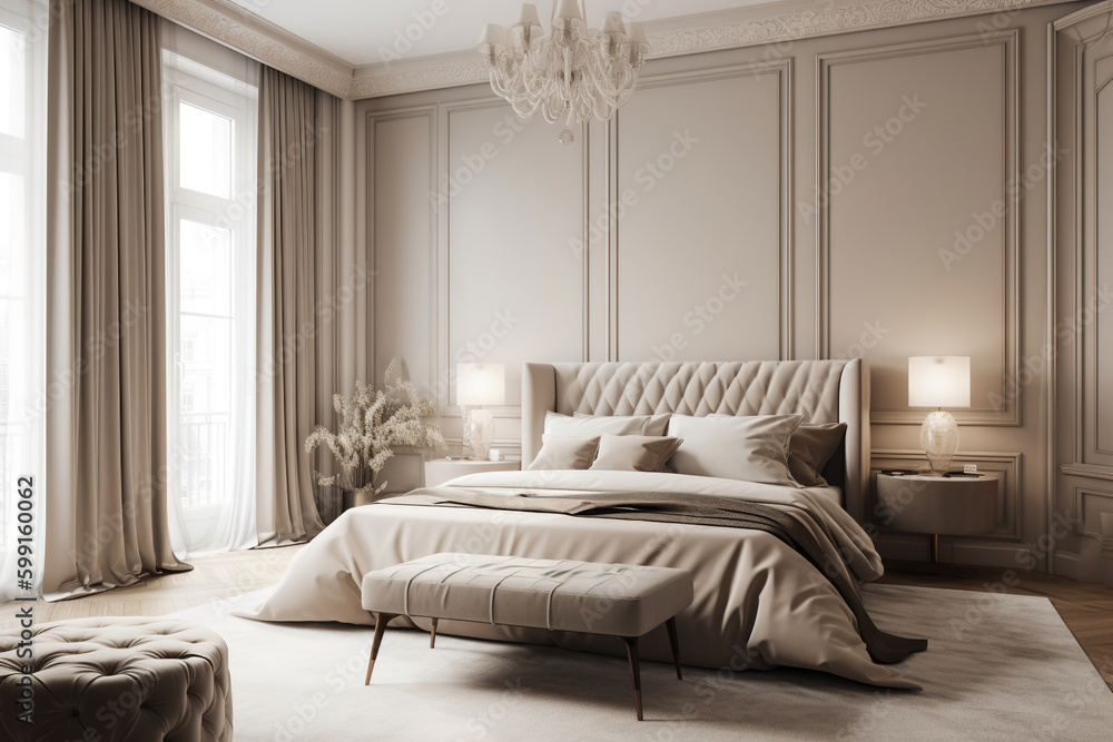 Opulent bedroom with a bed in the middle and marble slabs throughout. Mild beige hues, including white, milk, brown, and taupe. Blank wall interior design - obrazy, fototapety, plakaty 