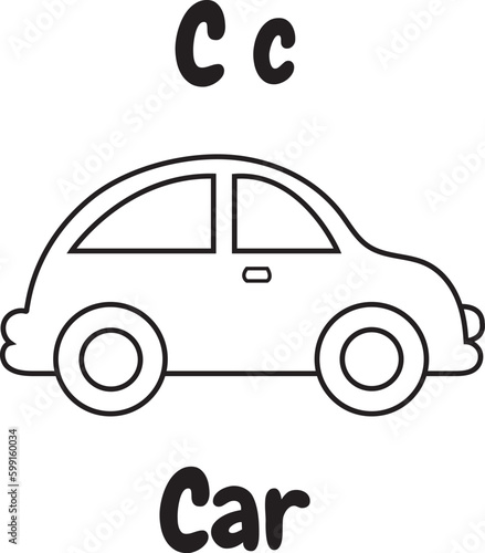 Car icon with English alphabet C letter.For worksheets and coloring pages.