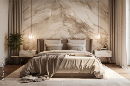 An opulent bedroom boasts a central bed surrounded by marble slabs. The mild beige tones, ranging from white to milk, brown, and taupe, create an elegant ambiance