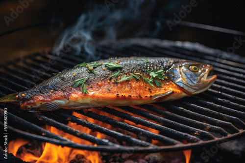 As the fish and peppers cook over the charcoal grill, the smoky aroma wafts through the air, ai generative