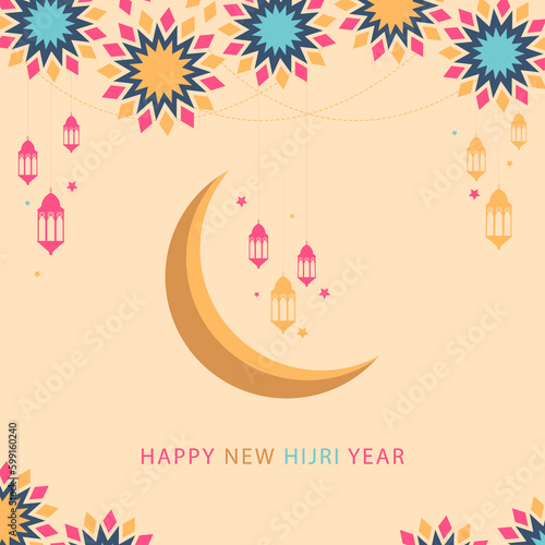 Happy Islamic new year greeting card with a crescent moon and stars