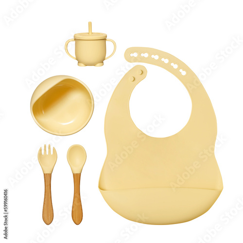 Silicone dishware on grey background. Serving baby, first feeding concept. Baby food accessory