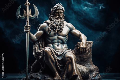 Classical Poseidon statue illustration, capturing Greek mythology
