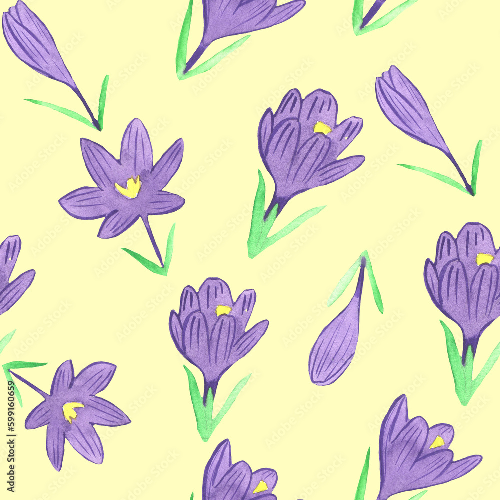 Seamless pattern with big lilac flowers crocus on yellow background
