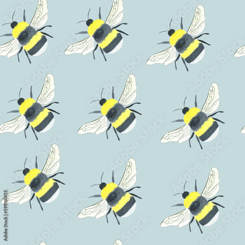 Seamless pattern with yellow bees on blue background