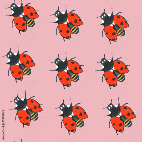 Seamless pattern with red ladybugs on pink background