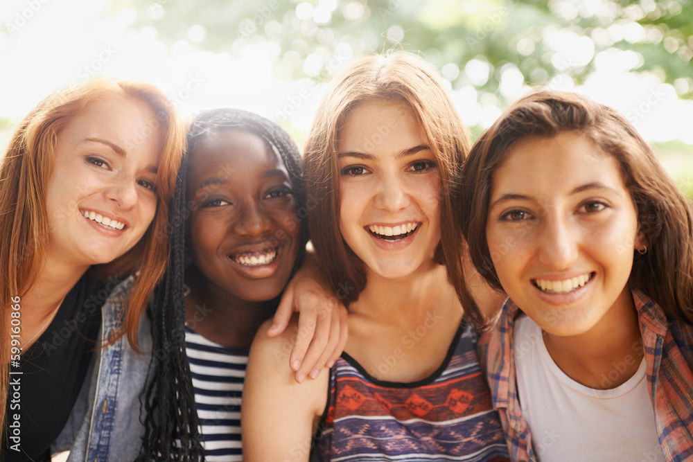 Obraz premium Girl friends, smile and portrait outdoor with diversity in summer on holiday with travel. Female student, sunshine and happiness face of young gen z and teen people together on vacation feeling happy