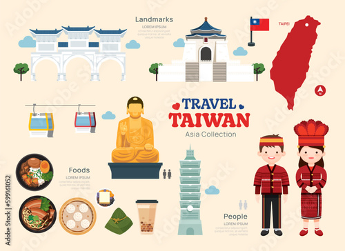Travel Taiwan flat icons set. Taiwanese element icon map and landmarks symbols and objects collection. Vector Illustration