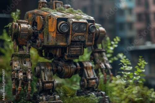 An old, rusted robot covered in moss. generative AI