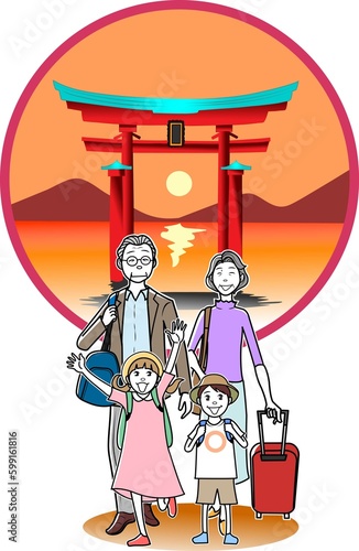 高齢夫婦と孫で絶景スポットを訪れる観光客