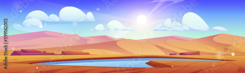 Desert landscape with lake water vector background. Empty oasis pond hole in drought Africa Sahara panorama scene. Egyptian sand nature hills game scenery with waterhole and sun beam in blue sky.