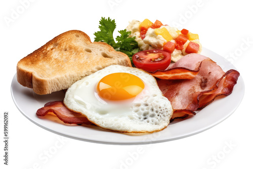 American breakfast set with eggs bacon toast and sausage on transparent background. Generative Ai