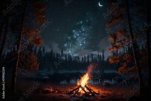 Campfire inside of magical forest,Camp fire,magical forest,camping,night art by Generative AI
