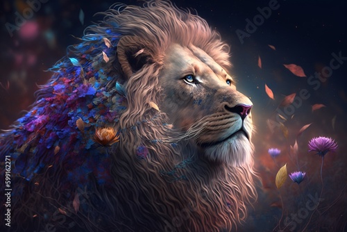  A close up of a lion on a black background  an airbrush painting  fantasy art  red blue and gold color scheme by Generative AI