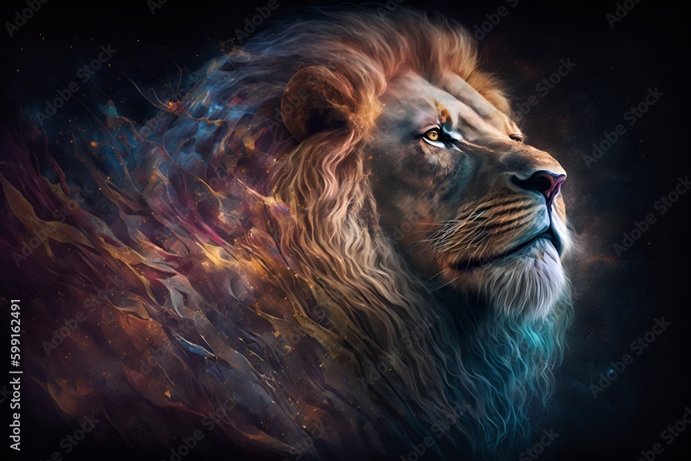 Fototapeta premium A close up of a lion on a black background, an airbrush painting, fantasy art, red blue and gold color scheme by Generative AI