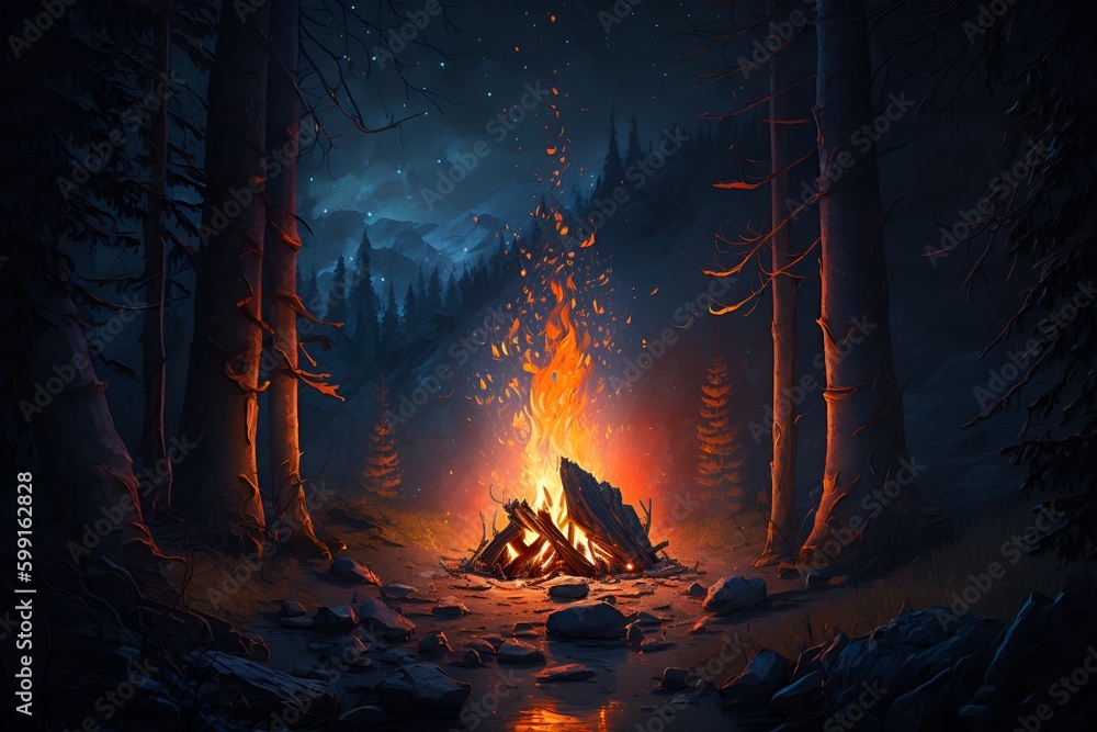 A campfire in the middle of a forest at night, a digital painting, Artstation, icon for weather app, the artist has used bright, realistic fire sharp focus by Generative AI A campfire in the middle of a forest at night, a digital painting, Artstation, icon for weather app, the artist has used bright, realistic fire sharp focus by Generative AI