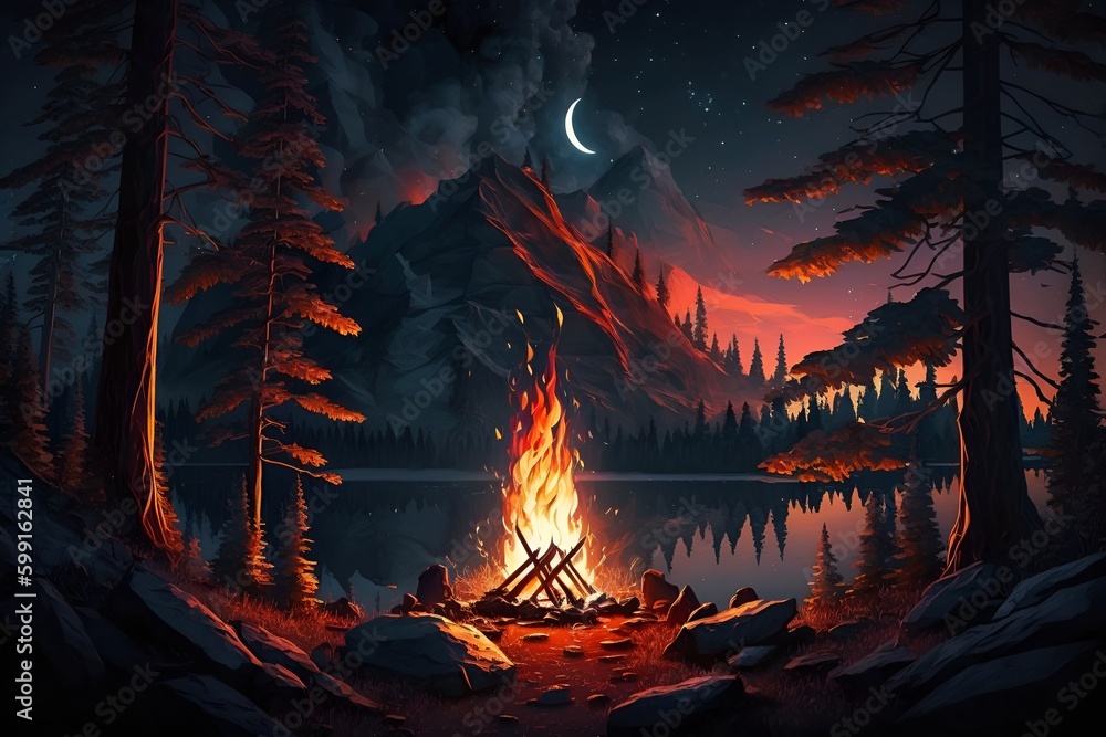 A campfire in the middle of a forest at night, a digital painting, Artstation, icon for weather app, the artist has used bright, realistic fire sharp focus by Generative AI A campfire in the middle of a forest at night, a digital painting, Artstation, icon for weather app, the artist has used bright, realistic fire sharp focus by Generative AI