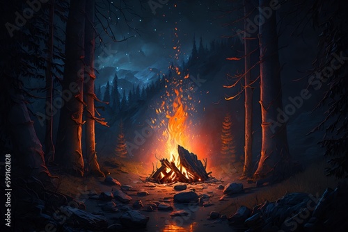 A campfire in the middle of a forest at night, a digital painting, Artstation, icon for weather app, the artist has used bright, realistic fire sharp focus by Generative AI
