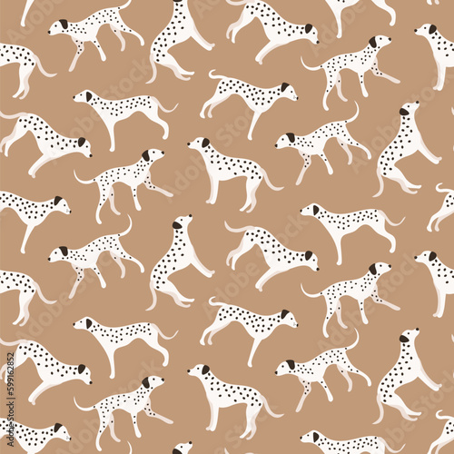 Dogs dalmatian dog seamless repeat pattern. natural. gender neutral. earth tones. beige, brown. cute pet puppy.