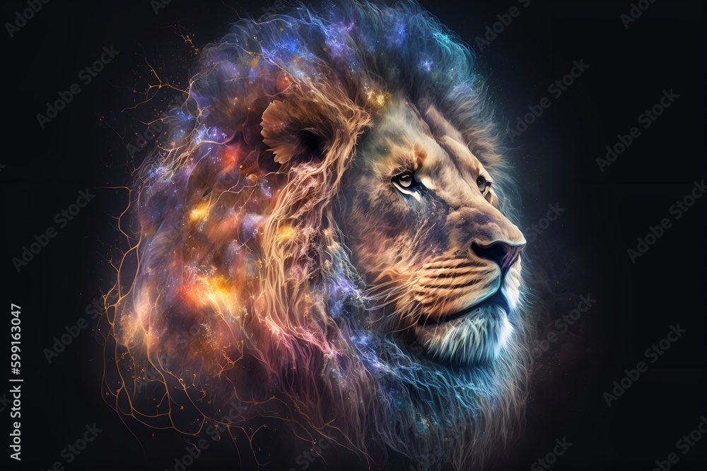 Fototapeta premium A close up of a lion on a black background, an airbrush painting, fantasy art, red blue and gold color scheme by Generative AI