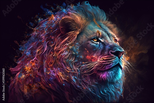 A close up of a lion on a black background, an airbrush painting, fantasy art, red blue and gold color scheme by Generative AI
