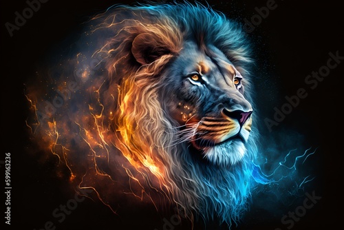 A close up of a lion on a black background  an airbrush painting  fantasy art  red blue and gold color scheme by Generative AI