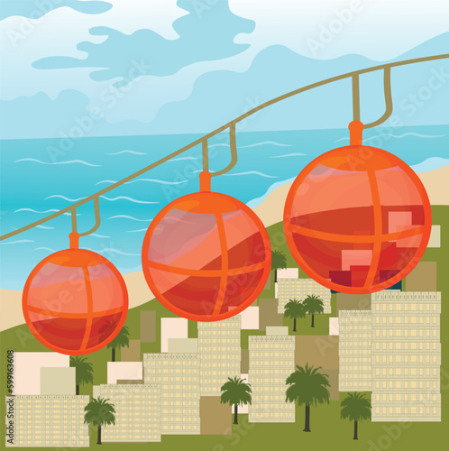 View of the Gondola (Cable car) . Cable car cabins against amazing sky and clouds. Cableway, green transportation.
Haifa, Israel. Cable car funicular vector stock illustration. Panoramic view 